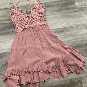 Free People Adella Dusty Rose Pink Ruffle Lace Slip Dress